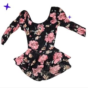 USA Jrs L Floral Black and Pink Roses Dressy Top 90s Lace Floral